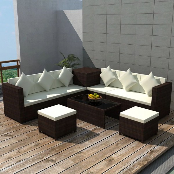 Set muebles de jardín 8 piezas y cojines ratán sintético marrón | C...
