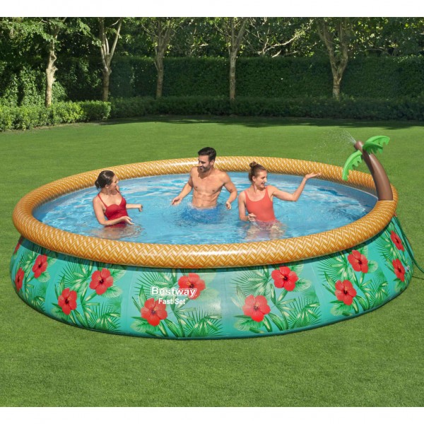 Piscina inflable con gráficos tropicales.