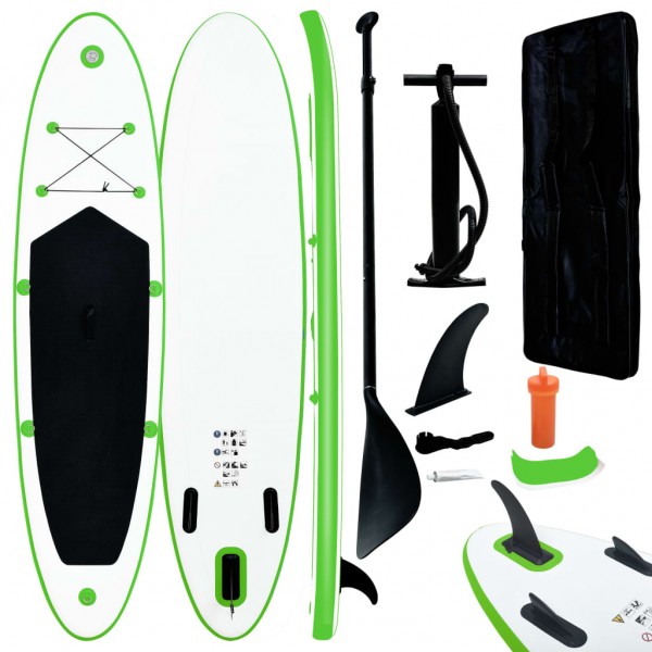 Juego de tabla de paddle surf hinchable verde y blanco.