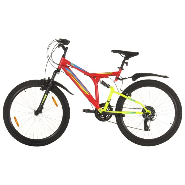 Bicicleta de montaña de color rojo y 26 pulgadas.